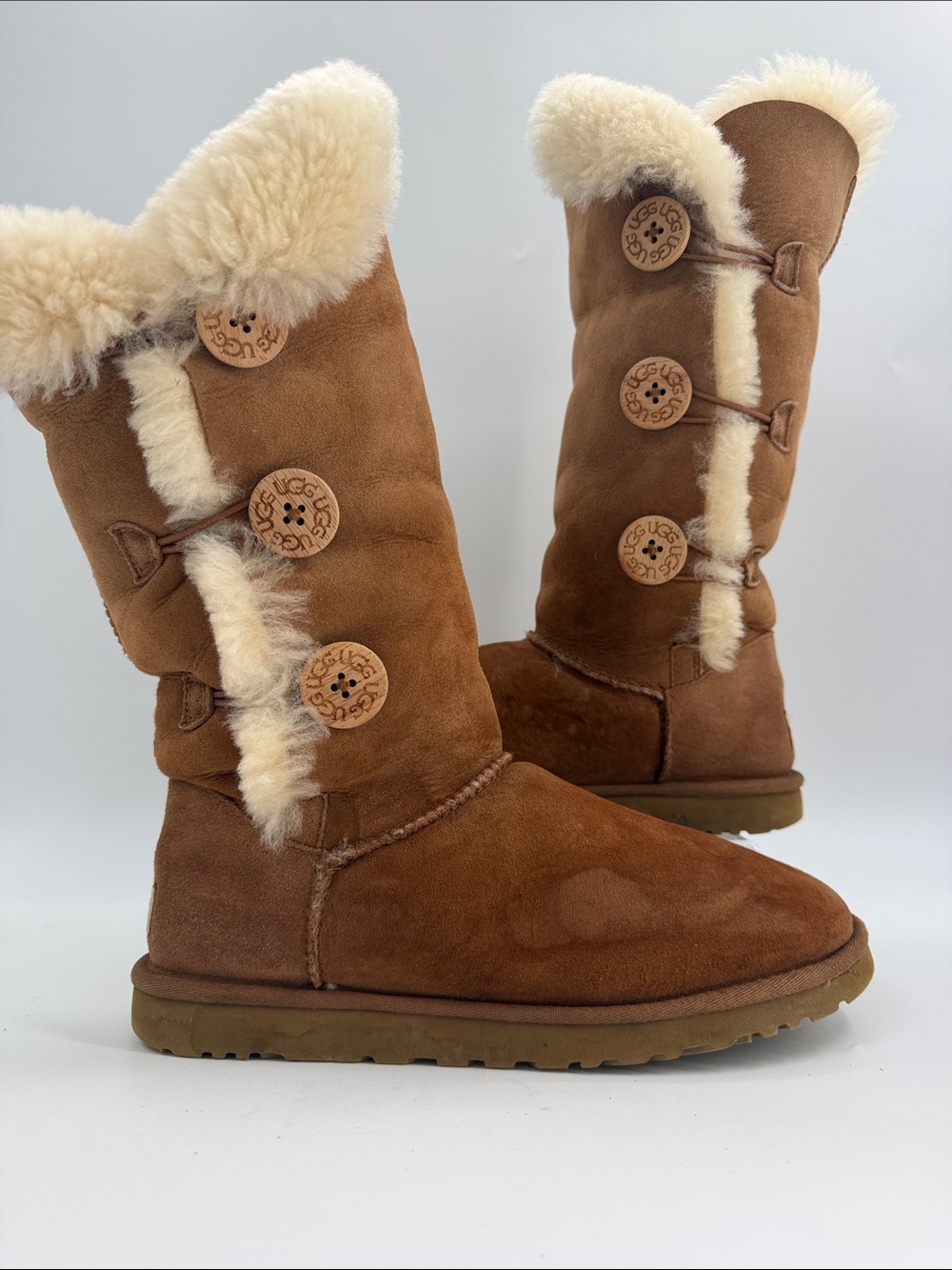 UGG Boots Womens Size 9 Bailey Button Triplet Brown Sheepskin Tall Winter Snow